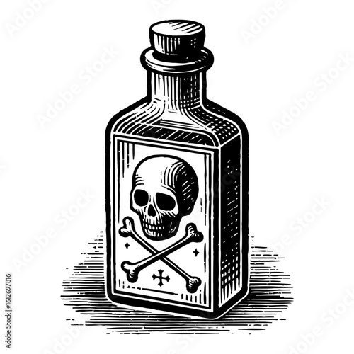 Vintage Poison Bottle with Skull and Crossbones Label Black and White Outline Line Art Drawing