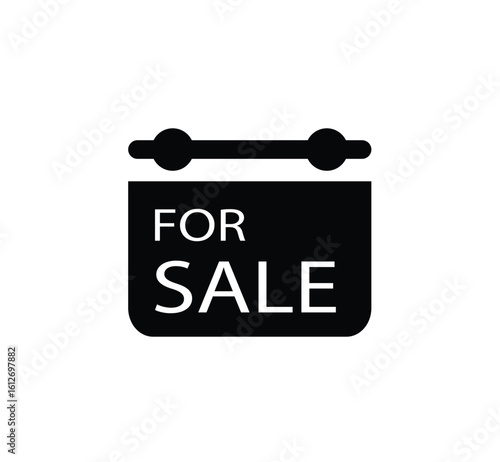 A black silhouette of a "For Sale" sign, signifying property or item availability for purchase.