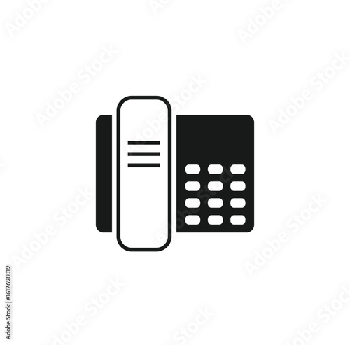 Simple black and white icon depicting a landline telephone with a handset and keypad.