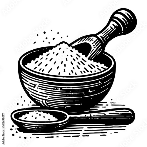 Bowl with Sugar Salt and Scoop Spoon Black and White Outline Line Art Drawing Traditional Food Ingredient