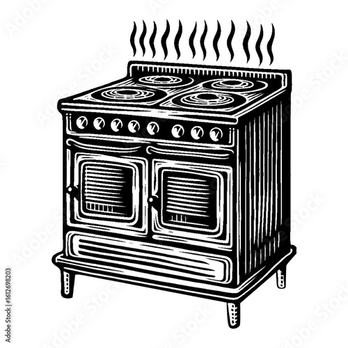 Vintage Antique Kitchen Stove Range Appliance with Rising Steam Black and White Outline Line Art Drawing