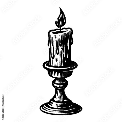 Vintage Black and White Outline Line Art Drawing of a Burning Candle with Dripping Wax on a Candlestick