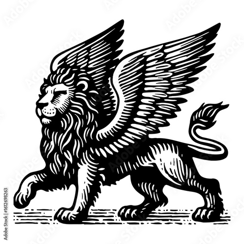 Winged Lion Mythological Creature Standing Side View Black and White Outline Line Art Drawing