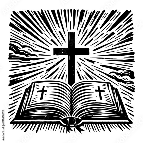black cross, bible, rays of light clip art preview
