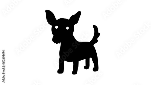 Silhouette of a terrier dog standing with its tail curled up and its ears perked up on a white background