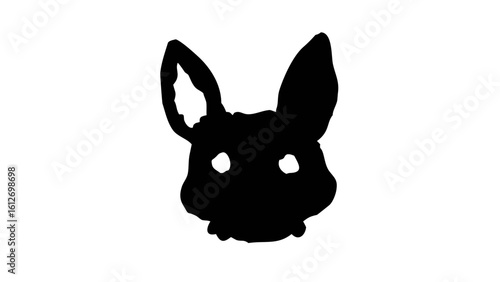 Silhouette of a rabbit head with long ears and round eyes in black against a white background image view