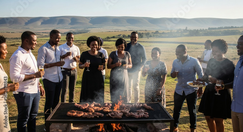 A joyful group of friends and family gather for an outdoor barbecue celebration in a scenic, rural landscape.