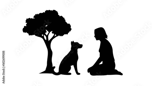 Silhouette of a woman kneeling facing a dog sitting under a tree in a black and white illustration