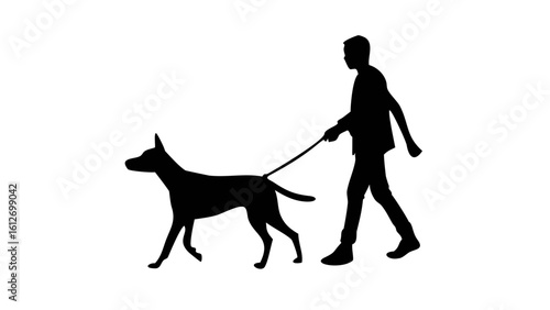 Silhouette of a man walking a dog on a leash, both facing left, on a white background, in a simple black design