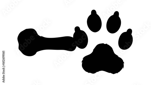 Black silhouette of a dog bone and a paw print with four toes on a white background illustration
