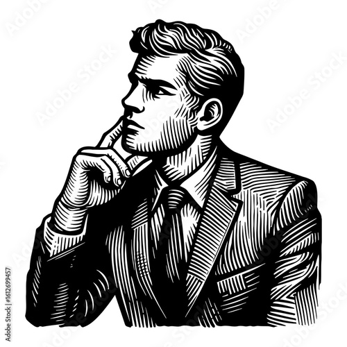 Professional Businessman Thinking Pondering Serious Thoughtful Pose Black and White Outline Line Art Drawing