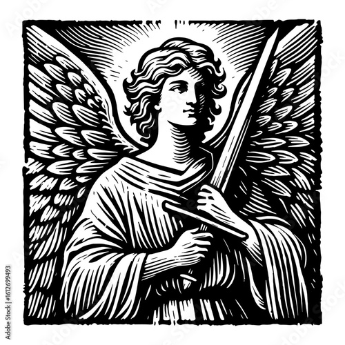Powerful Angelic Figure Holding Sword and Wings with Divine Halo in Black and White Outline Line Art Drawing
