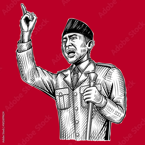 Line art of Indonesia's first president proclaiming Indonesian independence