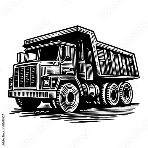 Heavy Duty Industrial Dump Truck Black and White Outline Line Art Drawing Illustration Vintage Retro Style