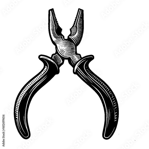 Black and White Outline Line Art Drawing of a Vintage Engraved Pliers Tool Pincer Work Instrument Mechanic Utility
