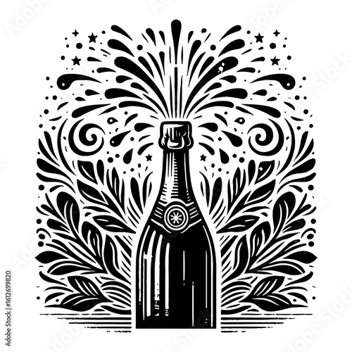 Champagne Bottle Popping with Splashing Liquid and Decorative Elements Black and White Outline Line Art Drawing