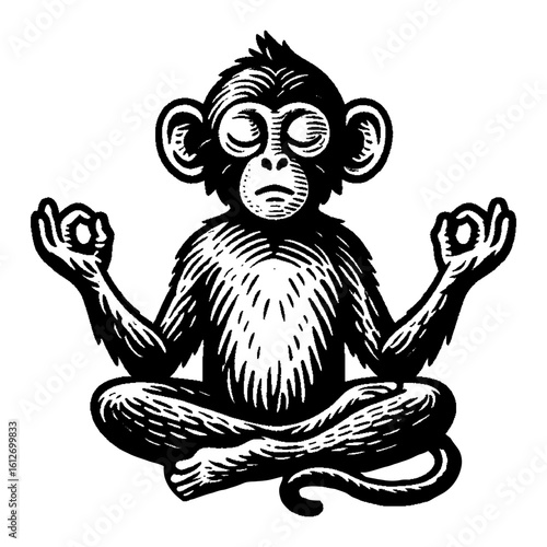 A Meditating Monkey in Lotus Pose Black and White Outline Line Art Drawing Vintage Engraving Style Isolated Object