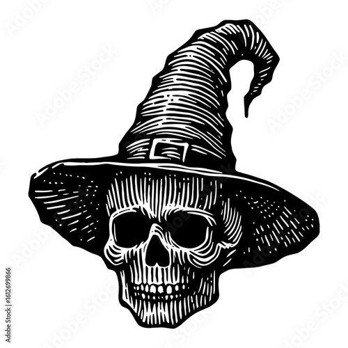 Creepy Human Skull Wearing a Witch Hat Black and White Outline Line Art Drawing for Halloween Magic