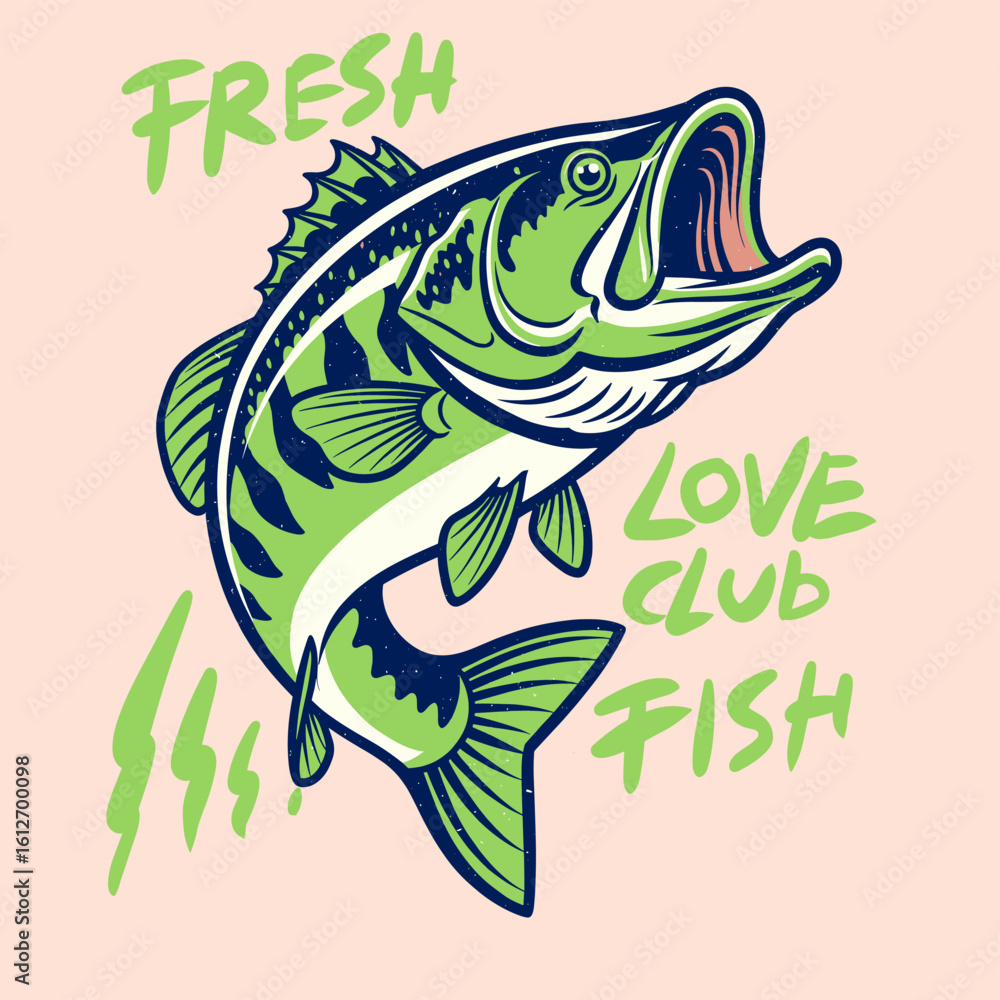 Fototapeta premium largemouth bass fish artwork for t shirt print, poster, sticker and other uses. Fish digital painting. Cook fish for lunch. Seafood t shirt design. Canned fish artwork