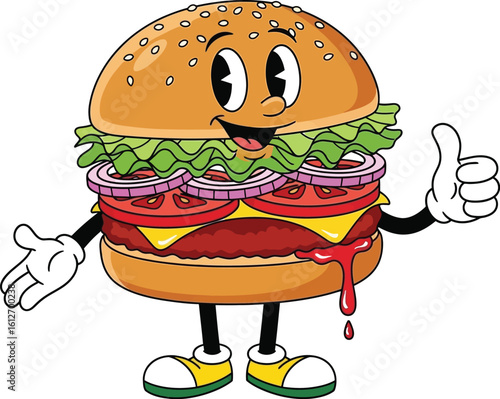 Happy cartoon burger giving thumbs up and welcoming gesture