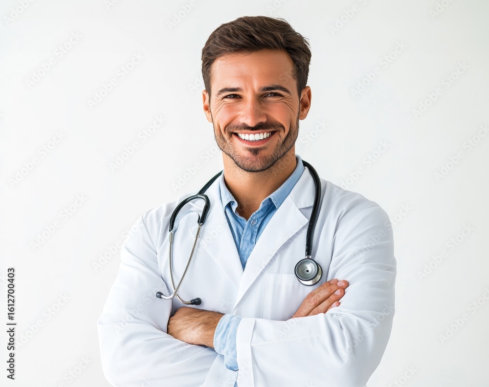 Smiling doctor in a white coat with a stethoscope in a clinic Smiling doctor in a white coat with a stethoscope in a clinic