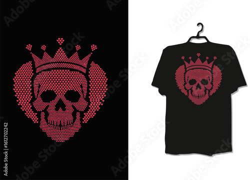 Pixel Crown Skull T-Shirt Design – Red Dotwork Skull with Regal Crown on Black Tee for Glitchcore and Alternative Fashion