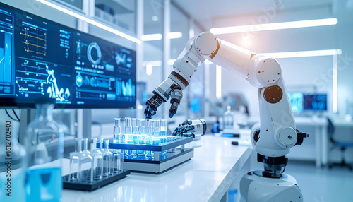 Robotic Arm in Science Lab: A state-of-the-art robotic arm meticulously manipulates scientific equipment in a clean, high-tech laboratory setting.