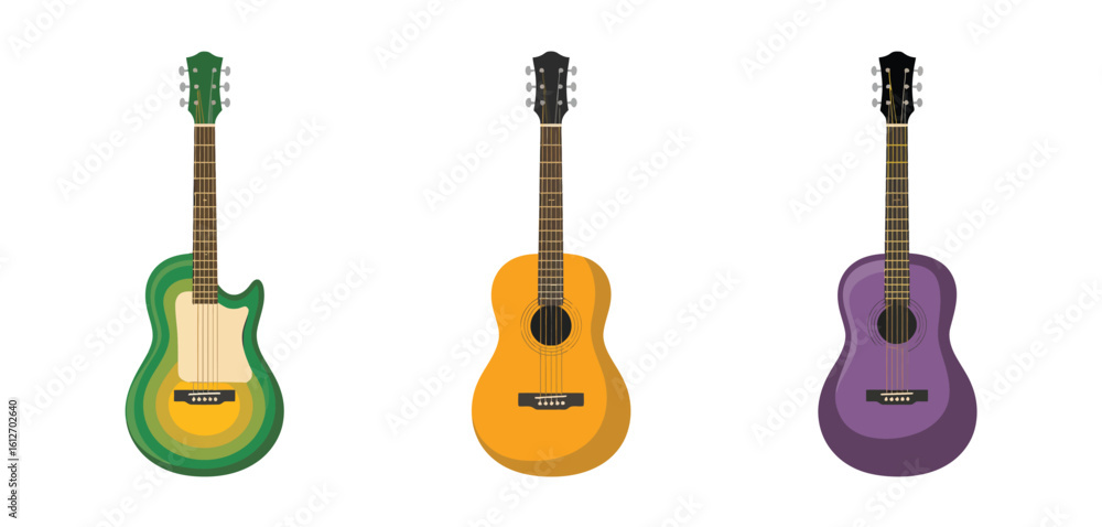 Fototapeta premium Three colorful acoustic and electric guitars on white background