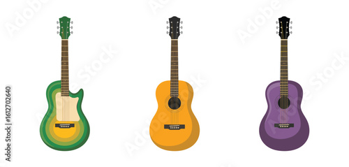 Three colorful acoustic and electric guitars on white background
