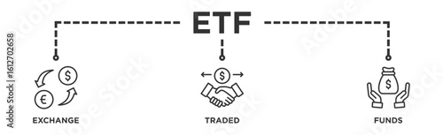 ETF banner web icon illustration concept Exchange Traded Funds Stock Market Investment with icon of money, cash flow, trading, transaction, bank, accounting, and growth