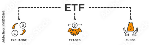 ETF banner web icon illustration concept Exchange Traded Funds Stock Market Investment with icon of money, cash flow, trading, transaction, bank, accounting, and growth