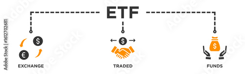ETF banner web icon illustration concept Exchange Traded Funds Stock Market Investment with icon of money, cash flow, trading, transaction, bank, accounting, and growth