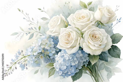 A beautiful bouquet of white roses and blue hydrangeas with delicate greenery on a soft transparent background