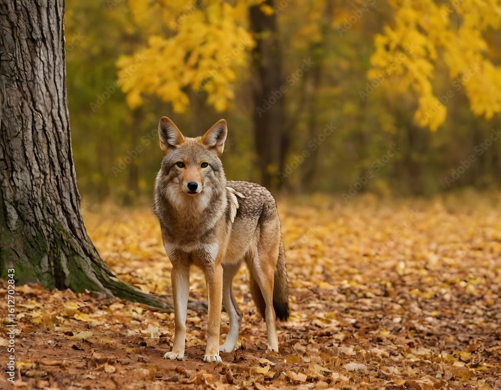 Fototapeta premium A coyote in nature during the fall. A natural forest background. coyote in the forest.