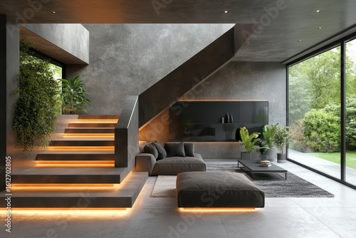 Modern interior with a staircase, incorporating architectural elements for a seamless living space. Created with, Generative AI