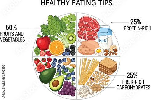 Balanced healthy eating guide with food groups for optimal nutrition