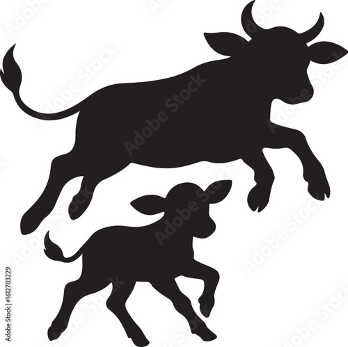 Angry cow and calf, Funny cow or calf, Running cow with calf, Cow and calf silhouette vector illustration 
