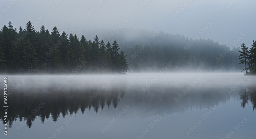 Early Morning Fog Drifting Across Lake with Forest Silhouettes Early Morning Fog Drifting Across Lake with Forest Silhouettes
