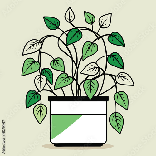 Hand drawn illustration of a lush green potted houseplant with a modern planter