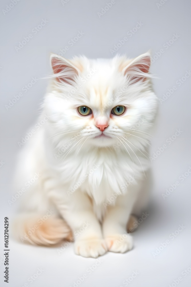 Fluffy White Purebred Cat Portrait with Green Eyes Fluffy White Purebred Cat Portrait with Green Eyes