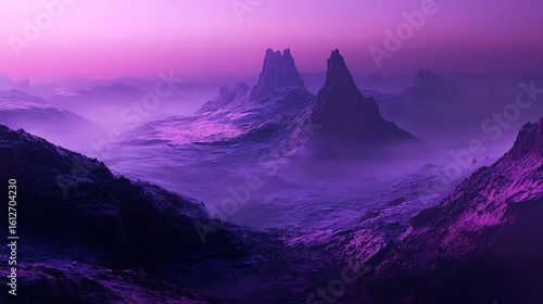 Mystical purple mountain landscape with ethereal fog and dramatic peaks