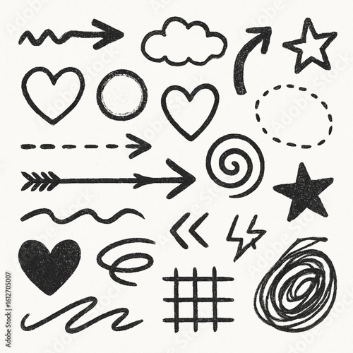 School board design featuring children's doodles, scribbles. Graphic set - arrows, circles, stars, sketch, highlighters, brushes, scribbles and doodles drawn with felt-tip pen, chalk, pen. Vector set 