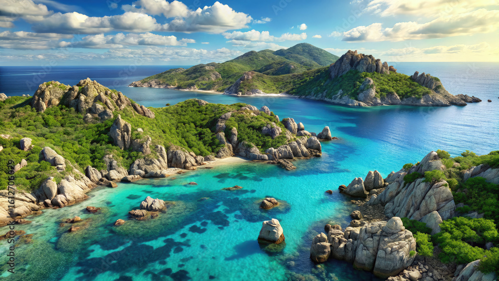 Fototapeta premium Breathtaking Tropical Island Landscape with Turquoise Water and Lush Greenery, Perfect for Travel, Tourism, and Vacation-themed Commercial Projects