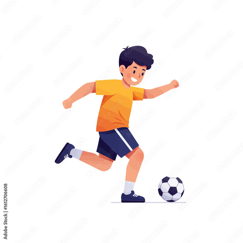 A young boy in an orange t-shirt and blue shorts joyfully kicking a soccer ball during a game. A young boy in an orange t-shirt and blue shorts joyfully kicking a soccer ball during a game.