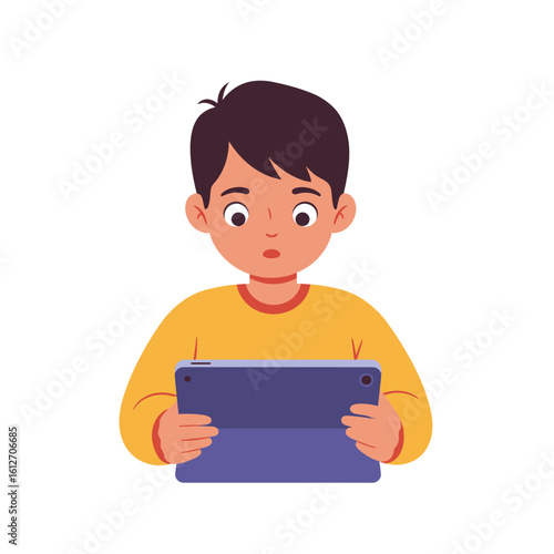 A boy with an astonished expression is intently looking at a tablet.