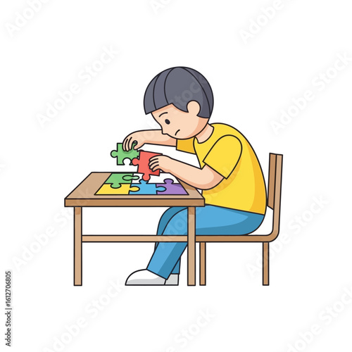 Young boy concentrating on solving a colorful jigsaw puzzle at a wooden table