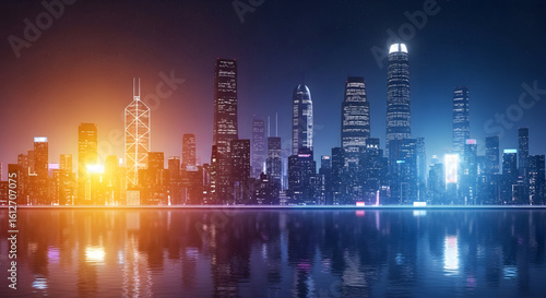 City Skyline at Night with Bright Lights and Reflection  Modern Urban Landscape Concept