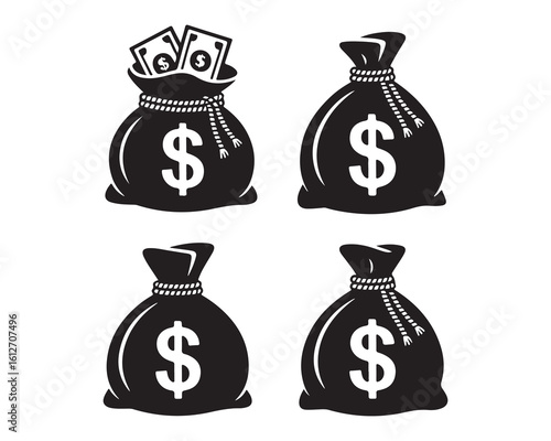 Four black money bags with dollar signs and tied tops on a white background in a vector illustration