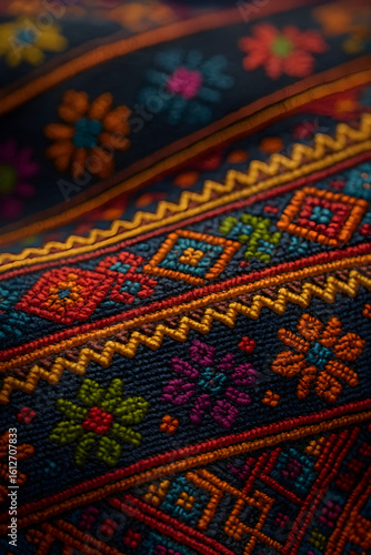 Closeup of colorful traditional embroidered textile with geometric and floral patterns
