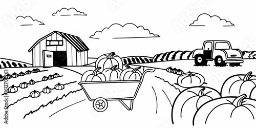 Hand Drawn Pumpkin Patch Scene with Barn Truck and Wheelbarrow for Coloring or Design